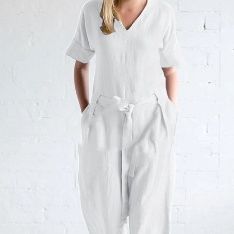 Women’s Solid Color Pure Cotton And Linen Loose Strap Pocket Jumpsuit