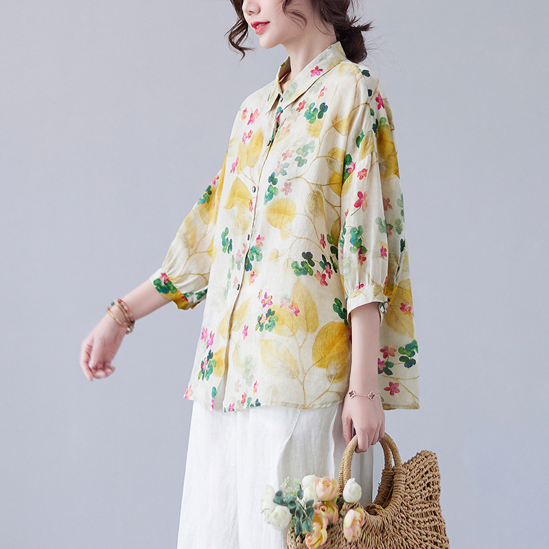 Women’s Loose Retro Western Style Elegant Floral Cotton And Linen Shirt