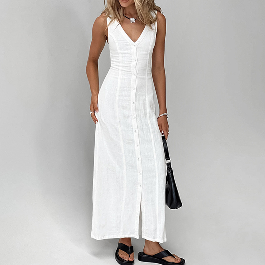 Women’s Commuter White Waisted Temperament Straight Split V-neck Cotton And Linen Dress