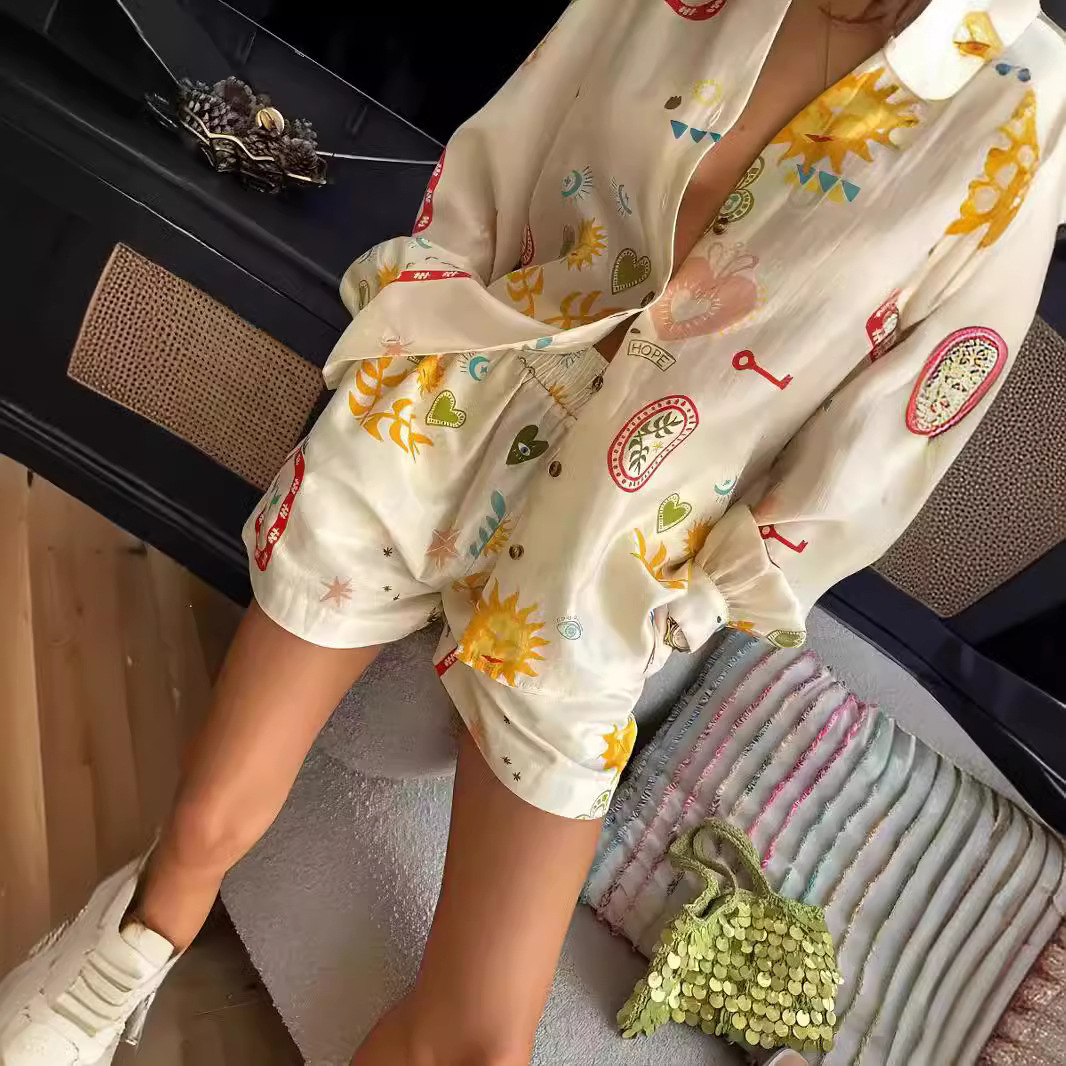 Women’s Fashion Printed Linen Leisure All-matching Shirt Cardigan Shorts Suit