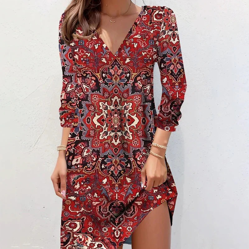 V-neck Vintage Floral Print Long Sleeves Slim Temperament Dress