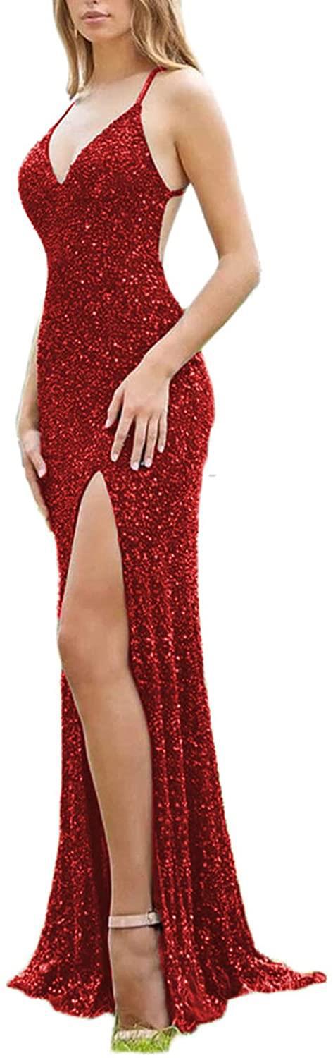 Sequined Lace Back Hollow Out See-through V-neck Dress