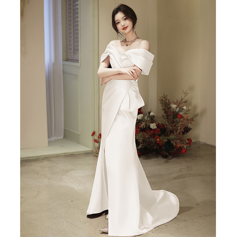 Off-shoulder Evening Sexy Slit White Art Exam Light Wedding Dress