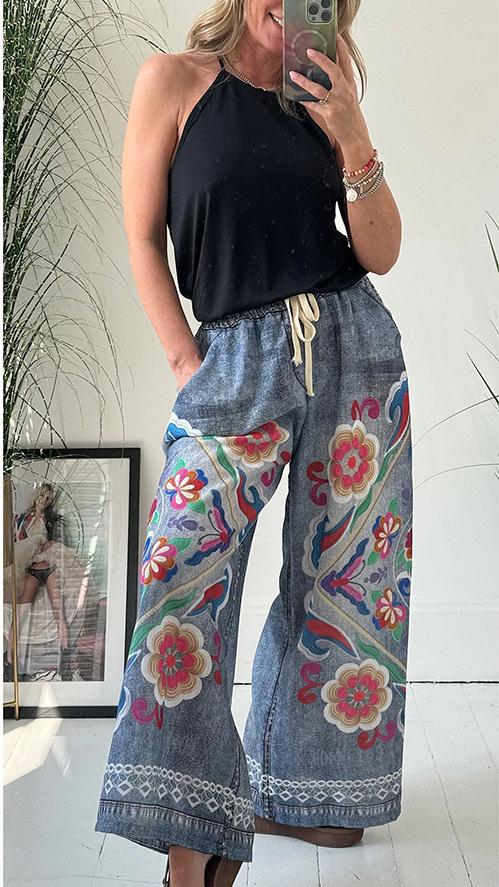 Women’s Lace-up Denim Print Pocket Baggy Pants