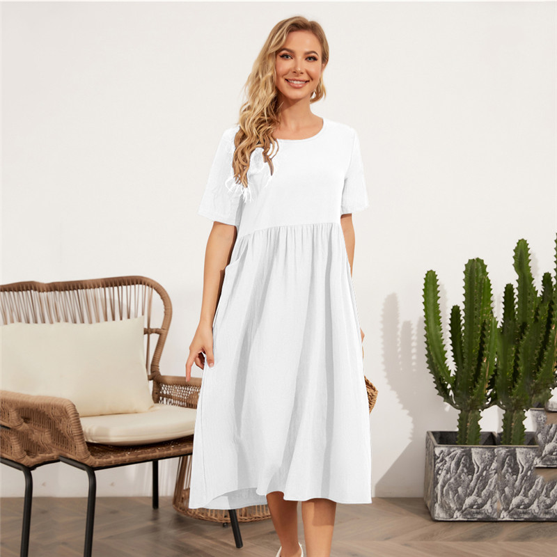 Round Neck Short Sleeve Cotton And Linen Dress Women