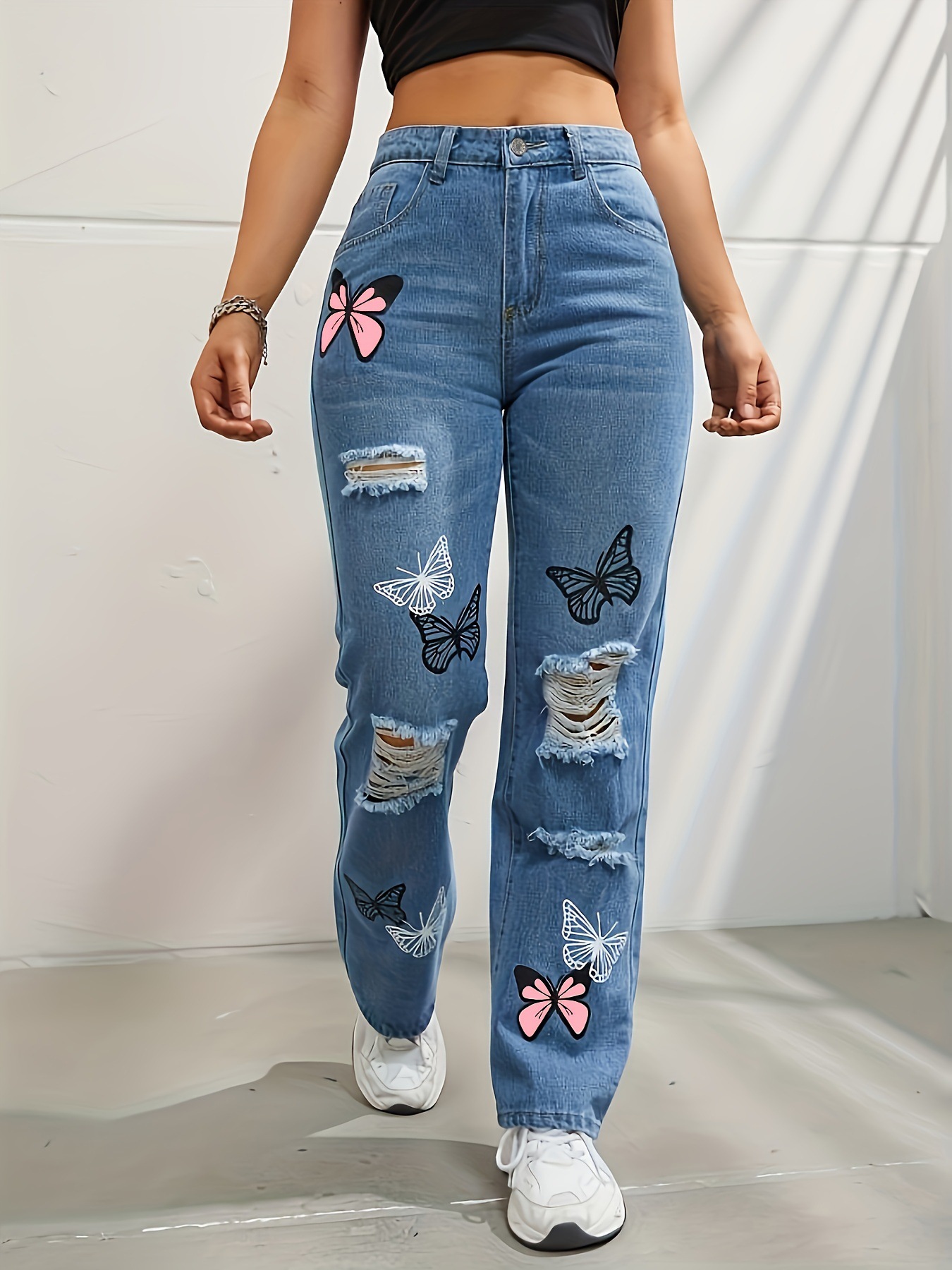 Butterfly Print Ripped Fashion Straight High Waist Jeans