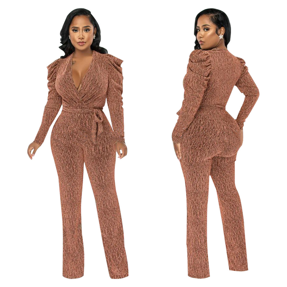 Sexy Waist Trimming V-neck Puff Sleeve Glossy Knitted Jumpsuit