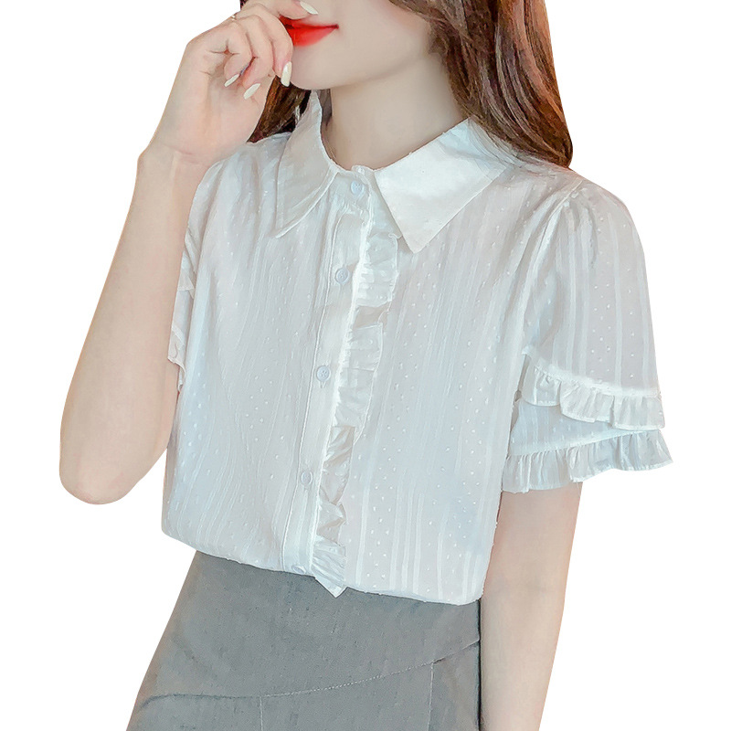 Sweet Design White Shirt For Women Niche Top Ruffled Short Sleeves