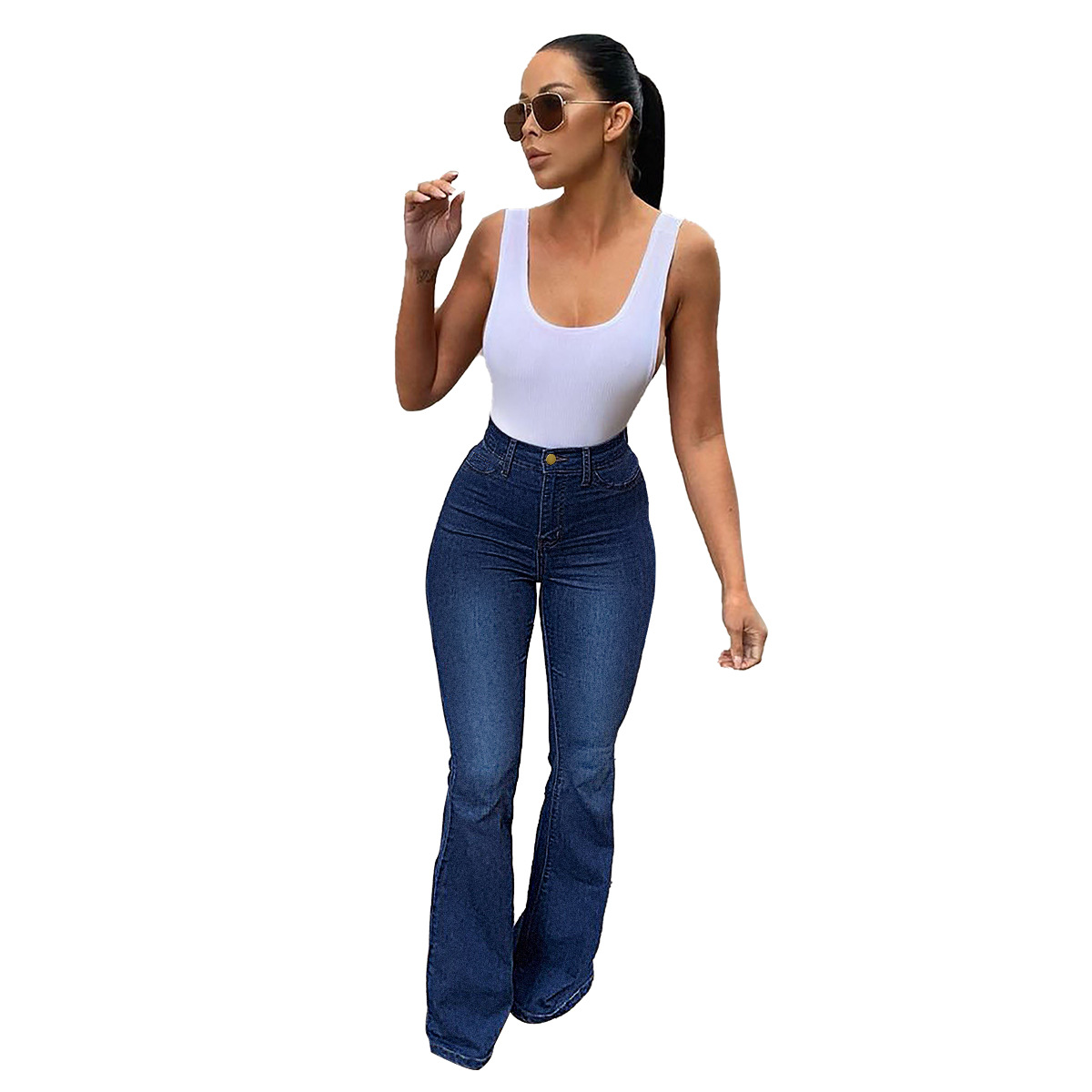 Women’s Stretch High Waist Denim Pants Micro-pull Horseshoe Pants