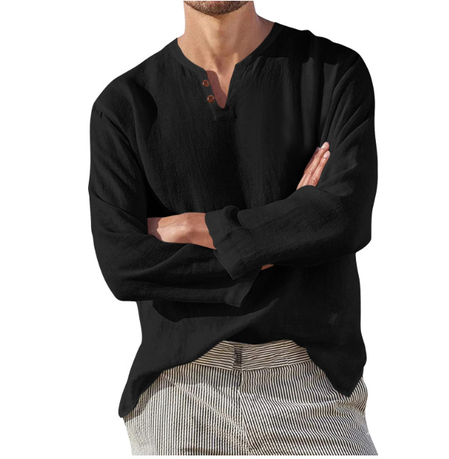 Men’s Long Sleeve V-neck Casual Beach Linen Shirt