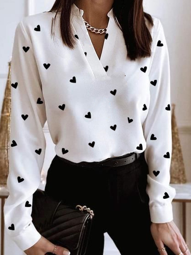 Women’s Casual Long-sleeved V-neck Heart Printing Shirt