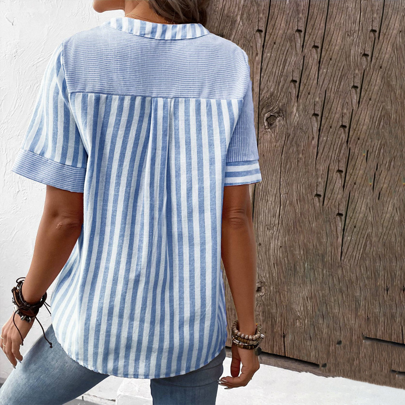 Women’s Fashion V-neck Asymmetric Stripes Patchwork Top