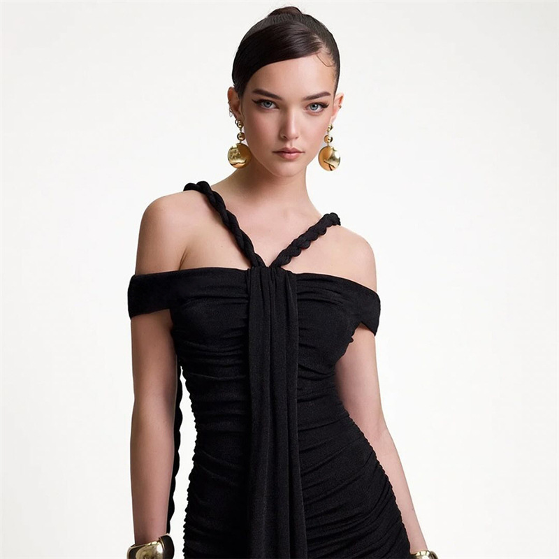 Elegant Boat-neck Pleated High Waist Figure Flattering Sheath Dress