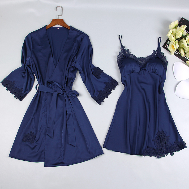 Long Sleeve Ice Silk Sling Nightgown Suit