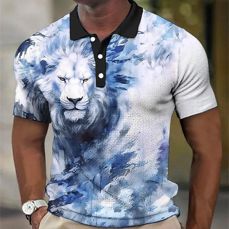 3D Wolf Printed Casual Short-sleeved Street Hip-hop T-shirt Breathable Pullover Men’s Polo Shirt