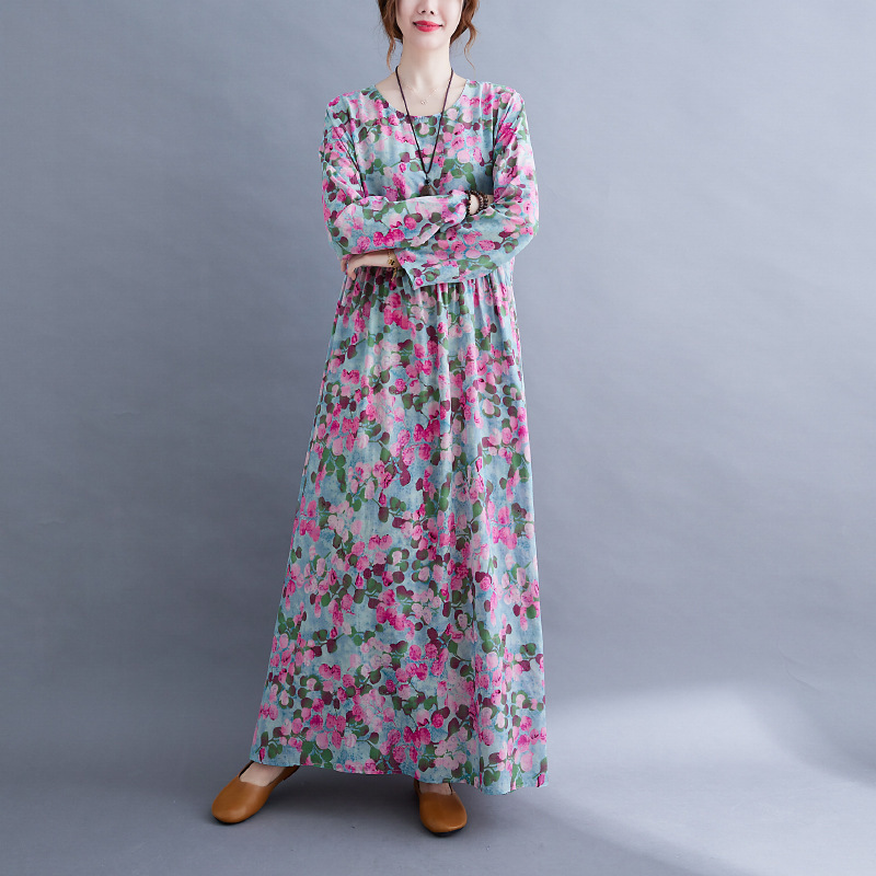 Artistic Retro Cotton And Linen Plus Size Printed Round-neck Long-sleeved Dress