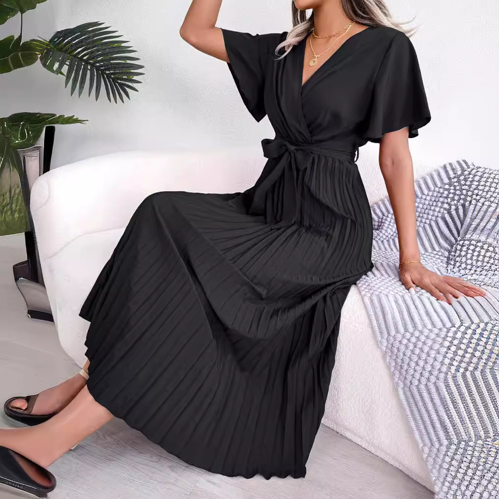 V-neck Swing Pleated Maxi Dress Women’s Clothing