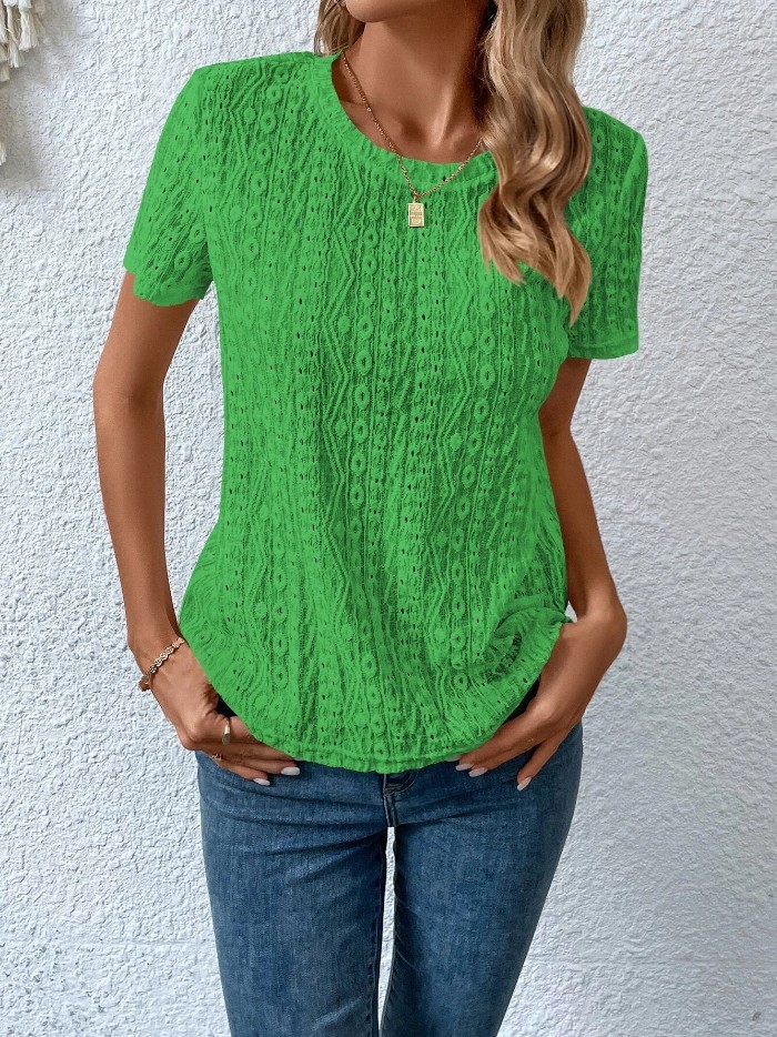 Hollowed Leisure Solid Color Round Neck T-shirt For Women