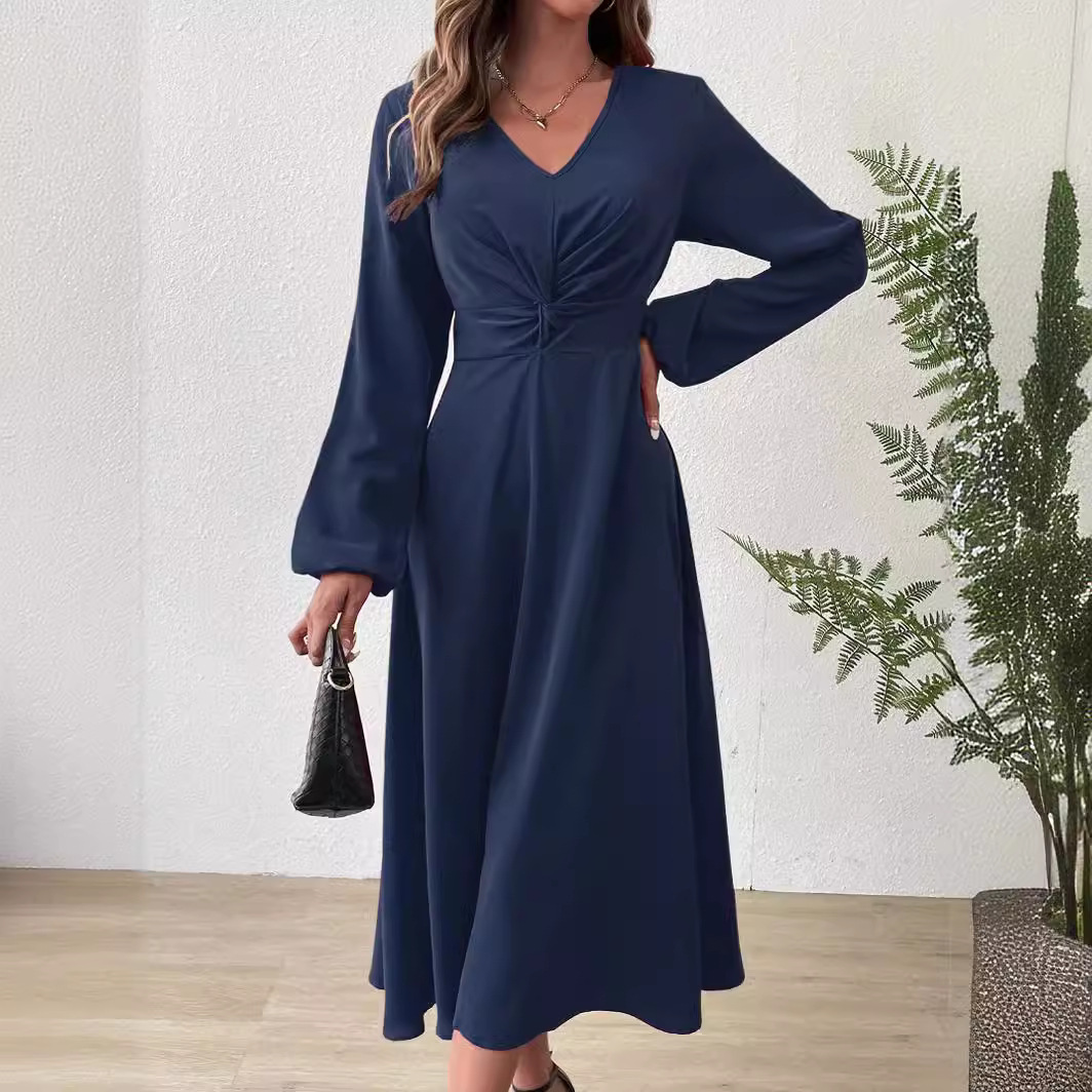 V-neck Twist Edge Lantern Long Sleeve Dress