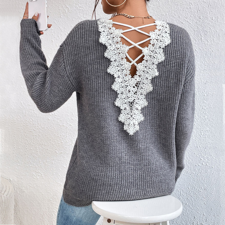 Lace Backless Hollow Out V-neck Pullover Long Sleeve Sweater