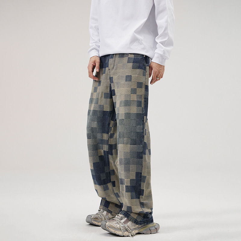 Mosaic Chess Plaid Jeans Men’s Fashion Brand Straight-leg Wide-leg Pants