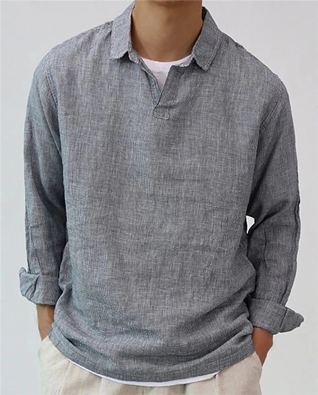 Men’s Casual Long Linen Sleeves Polo Collar Solid Color Shirt