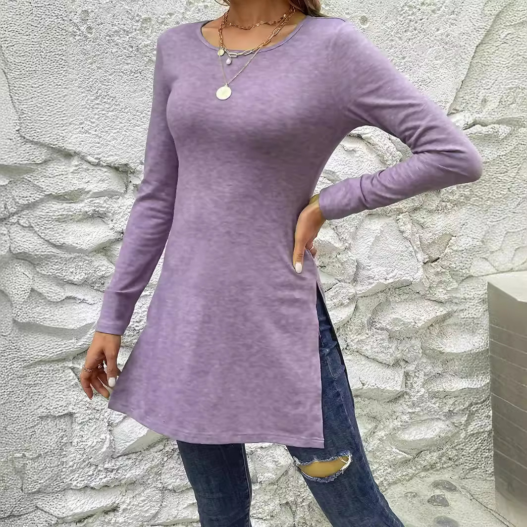 Women’s Long Sleeve Slim Fit Slimming Slit Long T-shirt