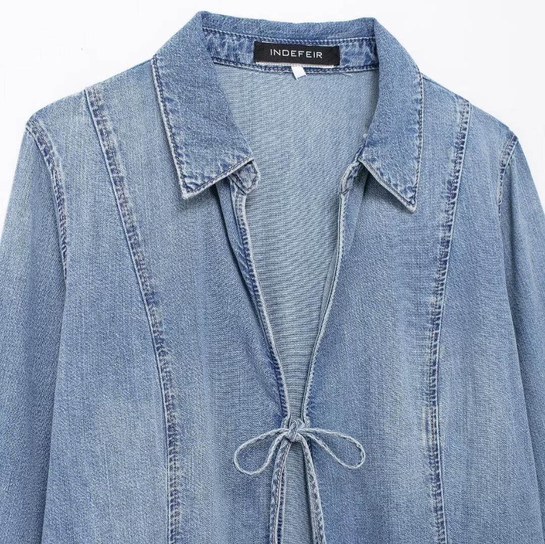 European And American Style Hot Girl Tied Denim Shirt