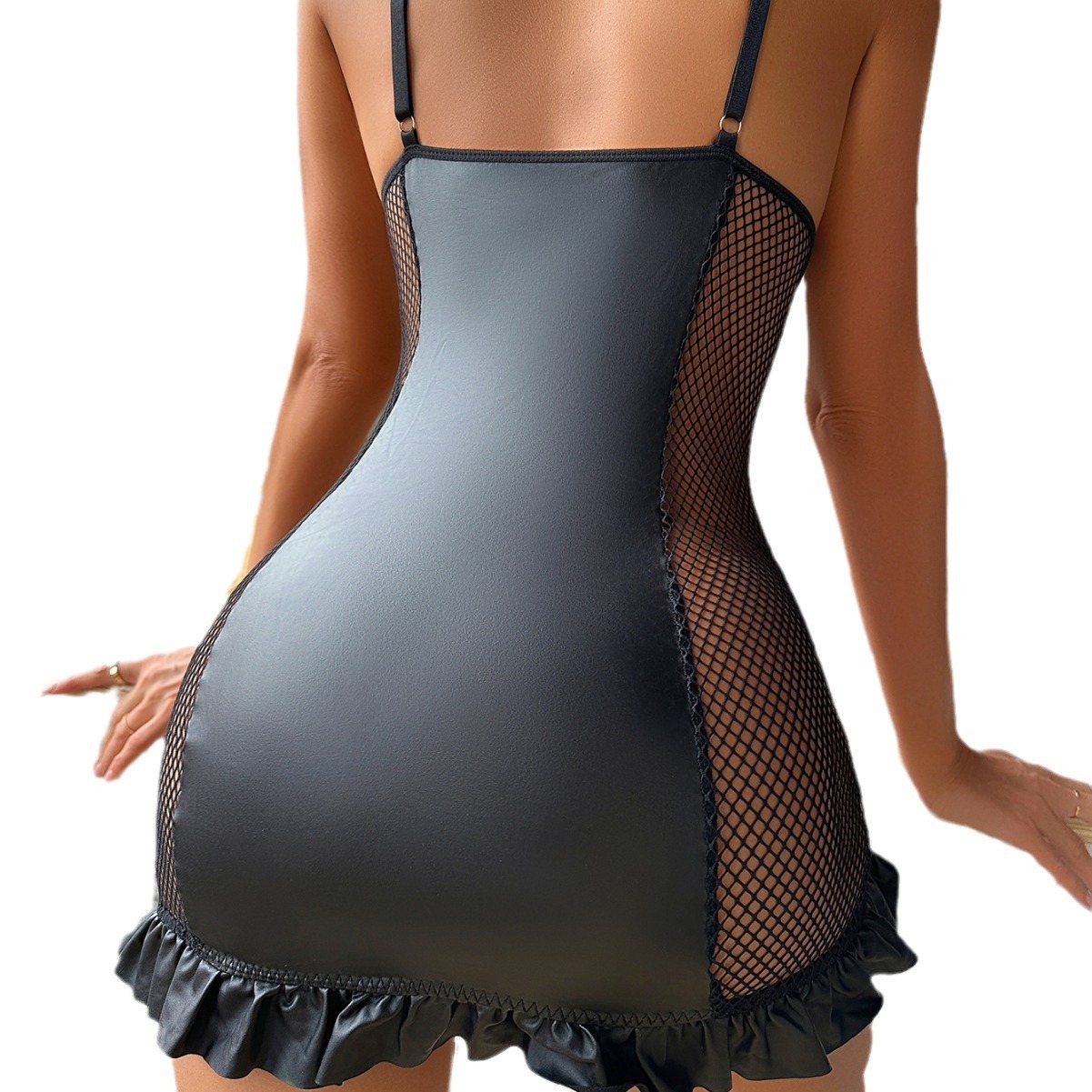 Women’s Lace Fishnet U Leather Stitching Front Zipper Nightdress