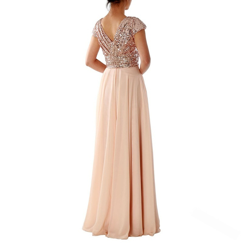 European And American Women’s Sleeveless Dress V-neck Sequins Elegant Chiffon Stitching Evening Dress