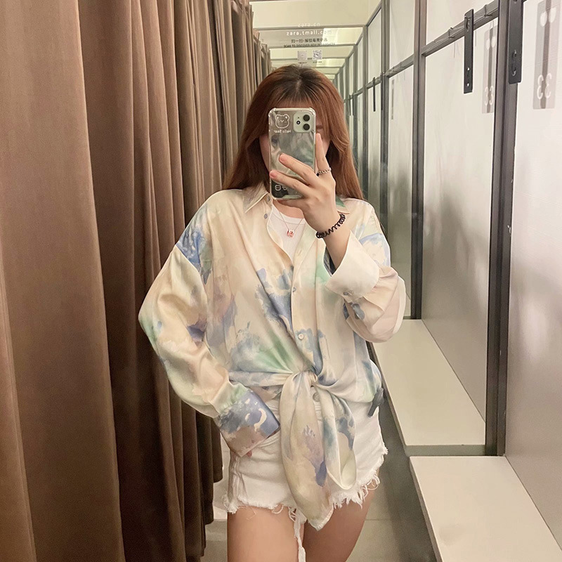 European And American New Women’s Clothes Loose Fashion Tie-dyed Silk Satin Texture Casual Shirt