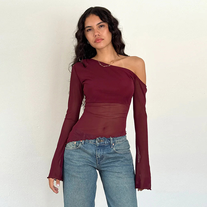 Fashion Style Casual Temperament Wild Shoulder Gauzy Off-the-shoulder Long Sleeve