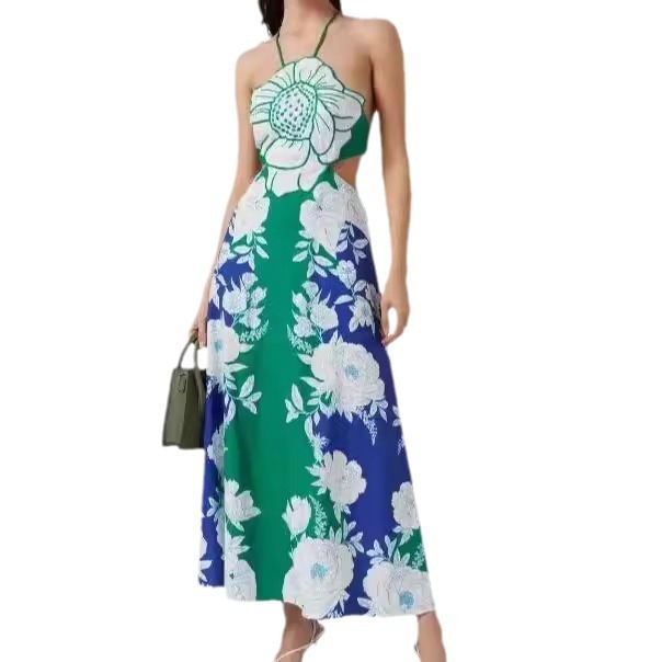 Women’s Floral Print Lace-up Cutout Long Dress