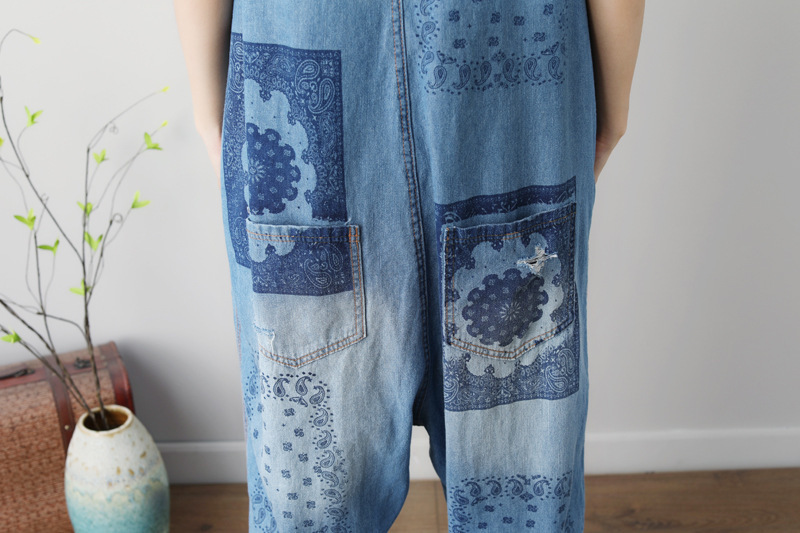 Sleeveless Washed Printed Plus Size Ripped Denim Suspender Pants