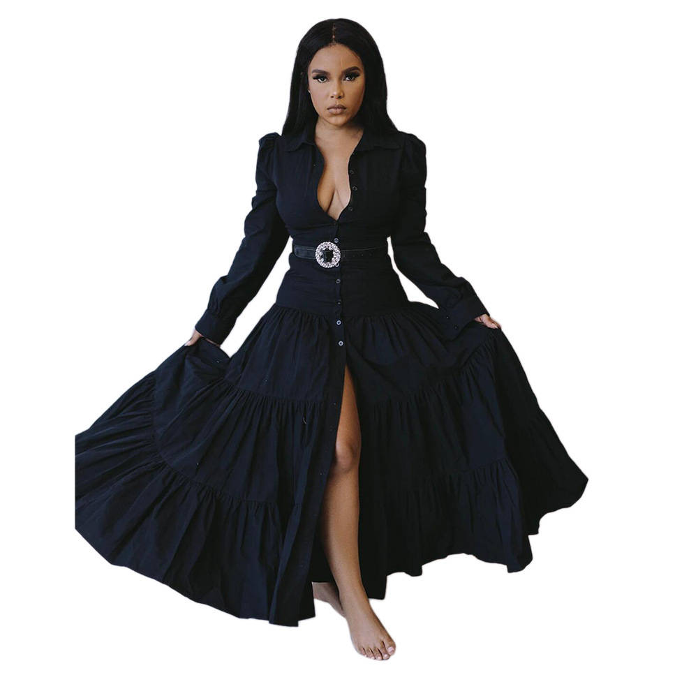 European And American Solid Color Lapel Long Sleeve Slim Fit Fashion Women’s Length Dress