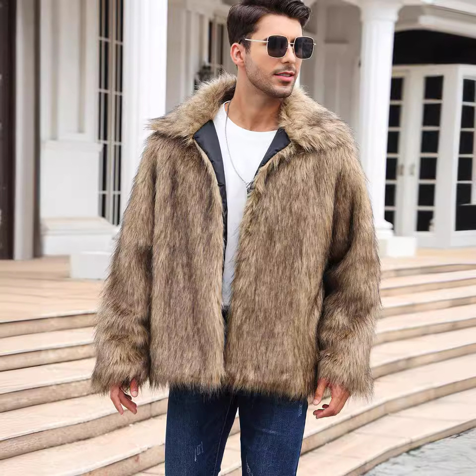 European And American Men’s Lapel Short Faux Fur Jacket Warm Coat Overcoat