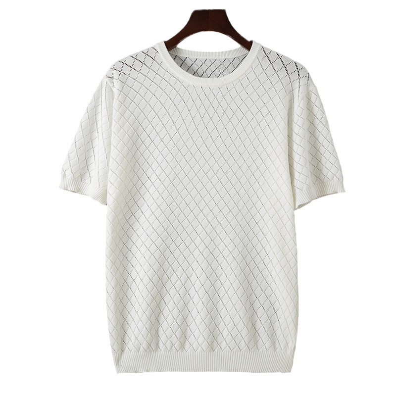 Men’s Knitted Half Neck Hollow Short Sleeve Cotton T-shirt