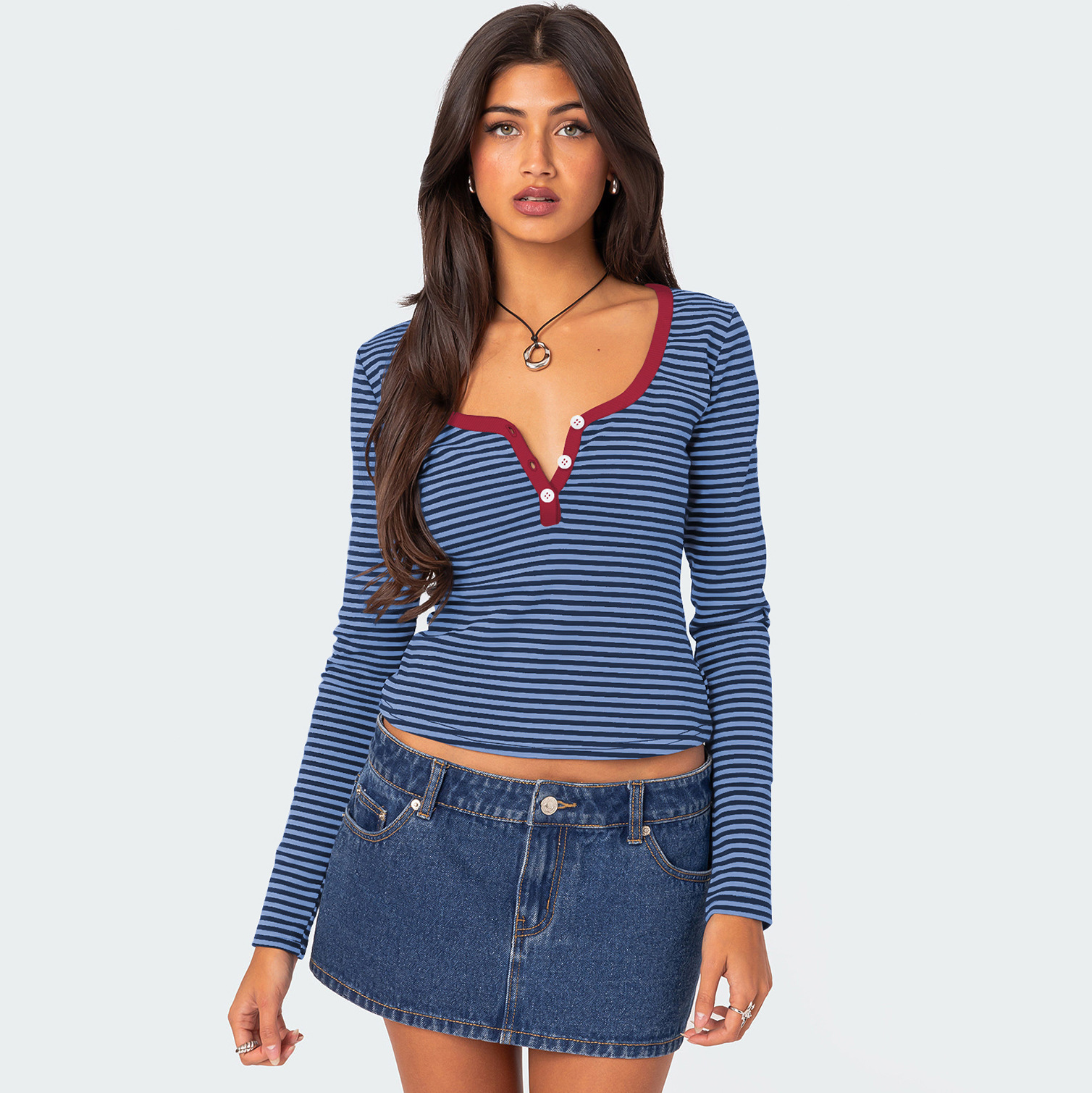 Contrast Color Striped Sweater Women’s Button Slim T-shirt