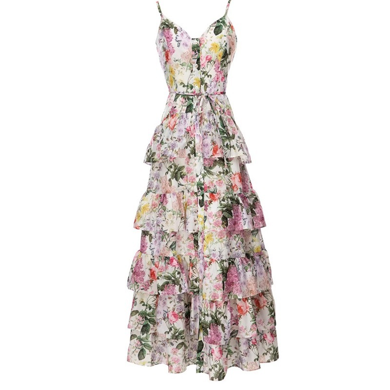 New Elegant Single-breasted Spaghetti-strap Floral Print Ruffled Large Swing Dress