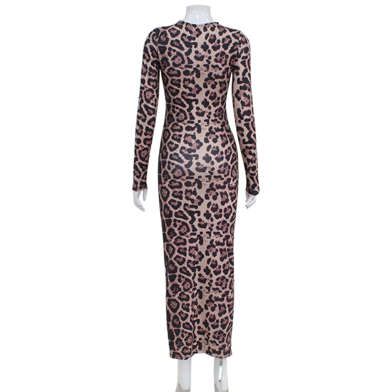 Women’s Round Neck Long Sleeved Leopard Print Dress