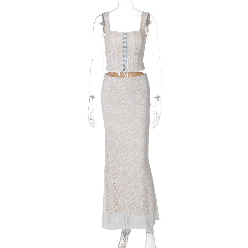 Breasted Sling Double-layer Stitching Lace Long Dress Suit