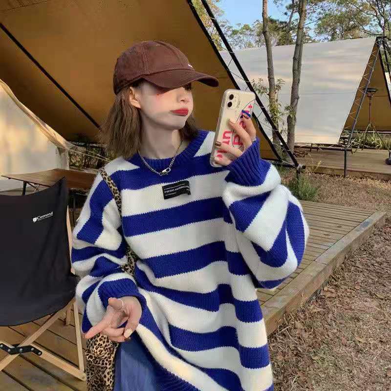 Sweet Lazy And Loose Striped Round Neck Sweater