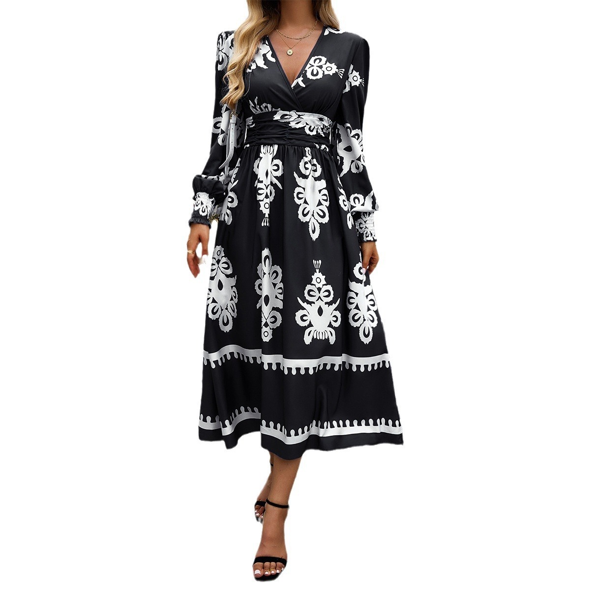 Women’s Printing Color Contrast Temperament Long Sleeve Dress