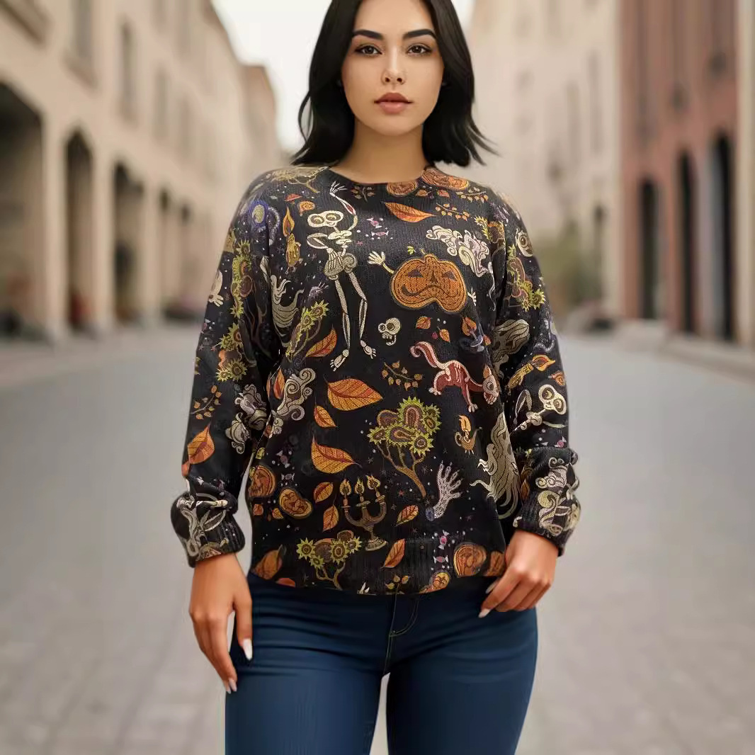 Halloween Sweater Skull Pumpkin Print Long Sleeve Loose