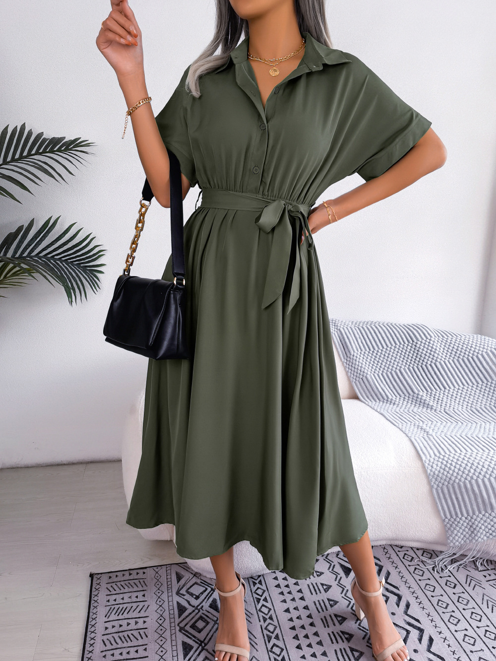 Ins Style European And American Leisure Loose Pure Color Tied Shirt dress