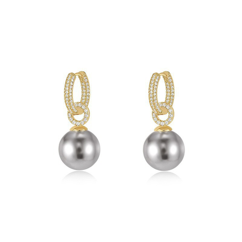 Inlaid Zircon Gray Pearl Earrings Detachable Round Shell Pearls