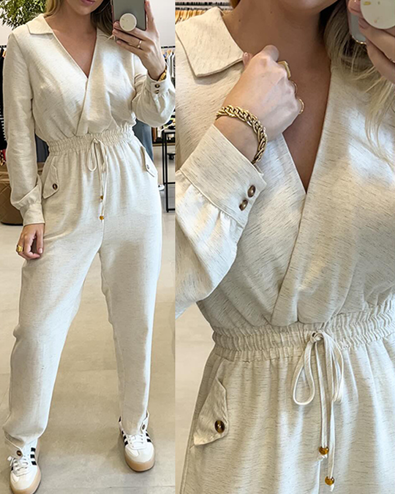 New Beige Lapel Low Cut Long Sleeve Jumpsuit