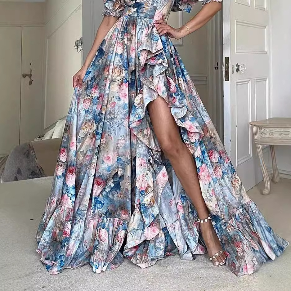 Female Collar Floral Slimming High Waist Slit Long Skirt