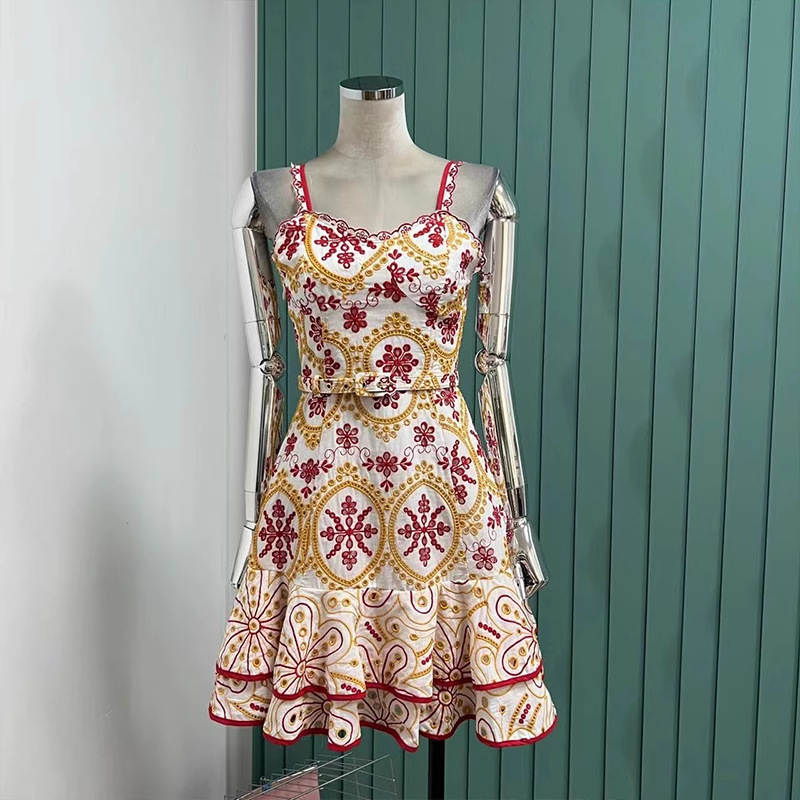 Machine Embroidery Sexy Spaghetti-strap Ruffle Dress Waist Slimming Short Temperamental Skirt