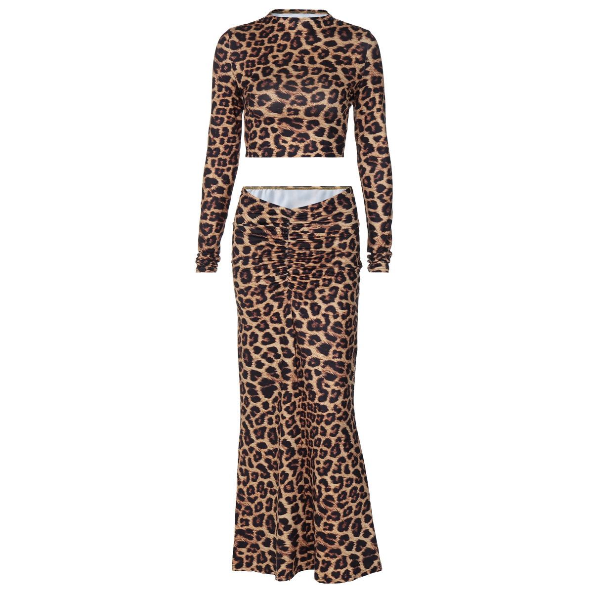 Leopard Print Elastic Pleating Skirt Long Sleeve Elegant Stretch Suit